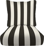 RSH DECOR: Deep Seating Cushion with Pillow Back | 23” x 26” Seat | All-Weather Spun Fabric | Water and Fade-Resistant | Outdoor Chair Cushion Set for Patio Furniture | Black & White Stripe