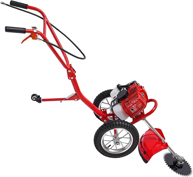 49cc 2-Stroke Gas Lawn Mower, 2-in-1 High Speed Brush Lawn Mower, 1.8kw Walk Behind Weed Trimmer with Single-Cylinder Air-Cooled System, 6500-7000 RPM, Hand Start, Weeding Baffle