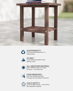 Kingdura Adirondack Outdoor Side Table, 16 x 13 Inches HDPE Plastic Outside End Tables for Patio Pool Porch Backyard Indoor, 2 Tiers Storage Shelf, All Weather Resistant, Easy Maintenance (Brown)