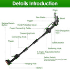 2-in-1 Cordless Pole Saw, Cordless Chain Saw, 33Ft/s Battery Pole Saw with 2Pcs 1500mAh Batteries 4in/6in Chains, 13ft Reach Electric PoleSaw, Comes with 3 extension rods, for Tree Trimming