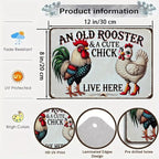 Funny Gifts for Women Chicken Lovers Farm Enthusiasts An Old Rooster And A Cute Chick Live Here Chicken Tin Sign for Chicken Coop Farm Kitchen Garden Yard Decor 8 X 12 Inch (3821)