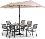 PHI VILLA 8 Piece Patio Dining Set with 13ft Double-Sided Patio Umbrella(Beige),Metal Outdoor Table Furniture Set with 6 Outdoor Stackable Chairs, 1 Rectangle Dining Table and 1 Large Beige Umbrella