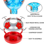 REZIPO Hummingbird Feeder with Perch - Hand Blown Glass - Blue - 38 Fluid Ounces Hummingbird Nectar Capacity Include Hanging Wires and Moat Hook