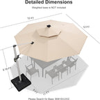 PURPLE LEAF 12ft Solar powered LED Patio Umbrella Outdoor Round Umbrellas Large Cantilever Umbrellas with LED lights Windproof Offset Umbrella Heavy Duty Sun Umbrella for Garden Deck Pool Patio, Beige