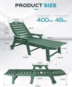 Outdoor Lounge Chair Set of 4, All Weather Patio Chaise Lounge Chair for Outside, HDPE Chair with Rolling Wheels & Cup Holder, 5 Position, Deck, Pool, Green
