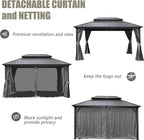 Domi 8’ X 10’ Hardtop Gazebo Canopy with Netting & Curtains, Outdoor Metal Gazebo with Galvanized Steel Double Roof for Patio Lawn and Garden, Gray