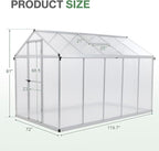 Aoodor 6 x 10 Ft Walk-in Greenhouse with Gutter, Polycarbonate and Heavy-Duty Aluminum Frame, Adjustment Skylight and Lockable 2-Sided Door for Patio, Outdoor, Yard, Lawn Use, Silver