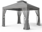 EAGLE PEAK 10x10 Patio Gazebo with Mesh Netting, Double Roof Outdoor Pavilion with Corner Shelves for Lawn, Deck, Garden and Backyard, Gray