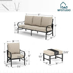 MFSTUDIO 5 Pieces Patio Conversation Sets,Outdoor Metal Furniture Sofas with 1 x 3-Seat Sofa, 2 x Sofa Chairs,2 x Ottoman,Wrought Iron Frame with Beige Cushion for Patio Courtyard Balcony