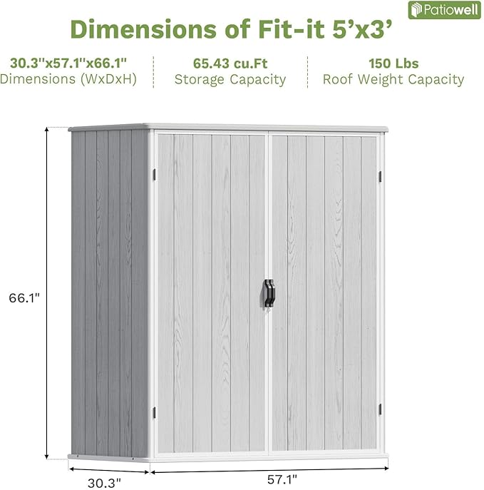 Patiowell 5x3 FT Outdoor Storage Shed with Floor, Plastic Vertical Storage Cabinet with Lockable Doors for Garden, Pool Storage, Tools and Patio Furnitrue Accessories, Light Gray