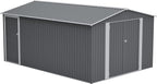 10x14 FT Shed Outdoor Storage Metal Large Garden Tool Sheds with 3 Lockable Doors Floor Frame Gable Roof Waterproof Steel Utility Equipment Sheds for Backyard Patio Lawn Poolside, Grey