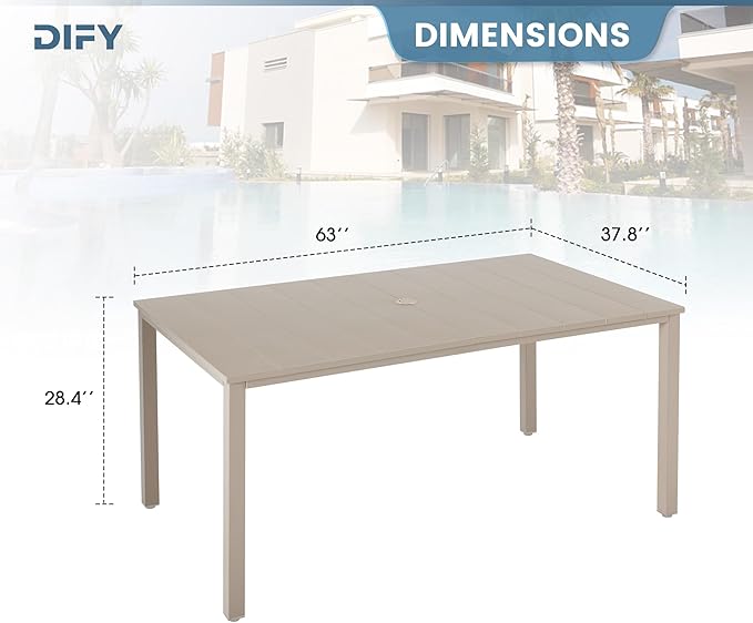 DIFY 63" Outdoor Patio Dining Table for 6, Metal Rectangular Steel Slat Patio Table with 1.57" Adjustable Umbrella Hole, Weather-Resistant for Garden Backyard Poolside Deck, Sandshell
