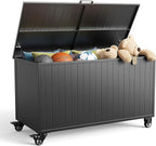 150 Gallon Outdoor Storage Box with Wheels, Metal Deck Box Waterproof, UV Resistant Patio Storage Box with Lid for Patio Furniture, Garden Tools, Outdoor Cushion (Charcoal)