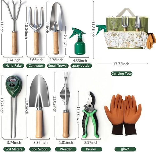 10-Piece Premium Gardening Tools Set-Duty Stainless Steel Rust-Proof Tools with Storage Tote,Perfect Gardening Gifts,Gardening Supplies Set with Hygrometer Suitable for Both Men and Women(Green)