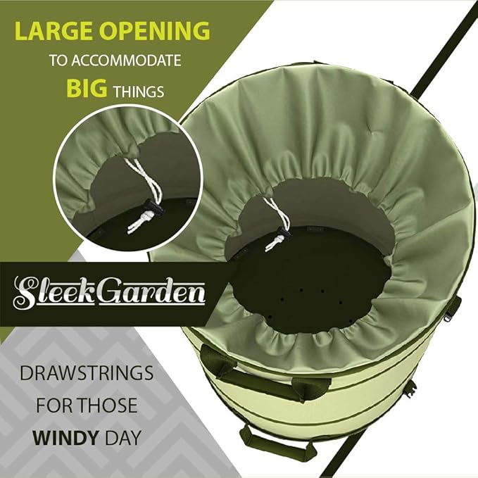 Collapsible -45 Gallon Canvas Garden Waste Bag -Pop-up Bucket Reusable Yard Leaf Bag Holder- Heavy Duty Hardshell Bottom – with Drain Holes for Lawn Pool Garden Camping Trash Debris Bag with Handles