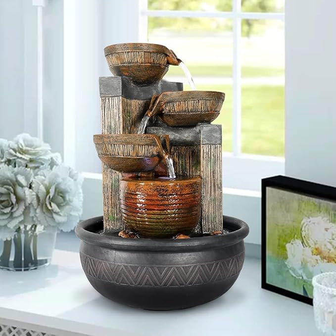 Relaxtion Tabletop Fountain with LED Lights-Desktop Waterfall Fountain Submersible Pump Indoor Home Office Decoration(15.7inch, Brown)