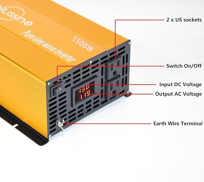 1500W Pure Sine Wave Inverter-12V DC to 110V 120V AC Power Converter with 2 AC Outlets, 12 Volt Power Inverter for Truck, Rv, Camping, Home, Emergency Power