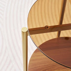 Round Glass End Table, Mid-Century Modern Design Sofa Table for Living Room, D18 x H23, 2-Tier Structure, Amber Glass Top and Walnut Shelf, Sleek Conical Legs with Gold Finish Frame