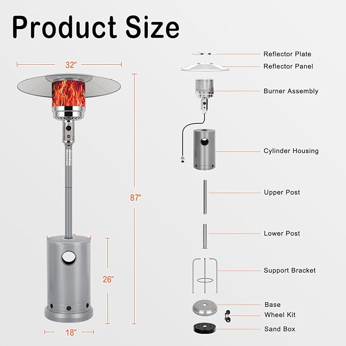 Hykolity 50,000 BTU Patio Heater with Sand Box, Table Design, Double-Layer Stainless Steel Burner, Wheels, Tip-over Protection System, Outdoor Heater for Home and Residential, Silver