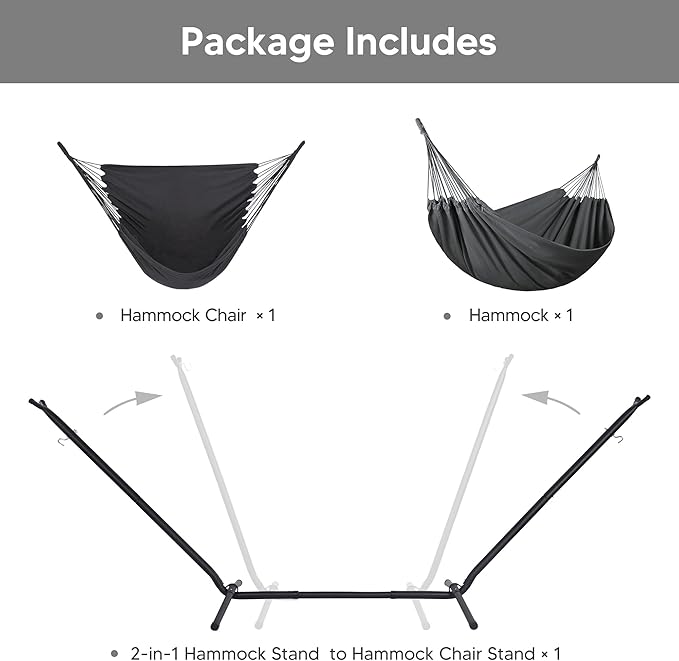 SUNCREAT 2-in-1 Hammocks Convertible Portable Double Hammock with Stand Included, Outdoor Hammock and Stand, Patent Pending, Dark Grey