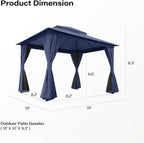 Outdoor Patio Gazebo 10FT, Heavy Duty Party Tent & Shelter with 2-Tier Roof and Expansion Bolts, Mosquito Nettings and Privacy Screens for Backyard, Garden, Poolside, Navy Blue