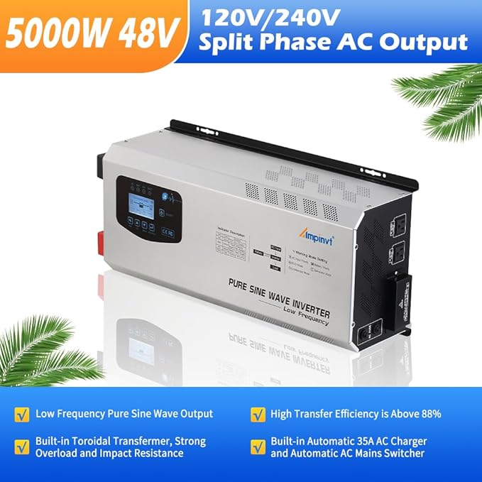 Ampinvt 5000W Peak 15000watts Pure Sine Wave Power Inverter 48V DC to 120/240V AC Split Phase with Battery AC Charger,Off Grid Low Frequency Solar Inverter for Home