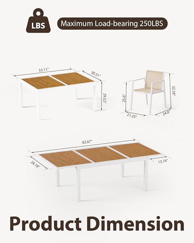 ZANDOR Expandable Outdoor Dining Set for 4-6-8,Patio Table and Chairs Set with Wood Top for Garden,Backyard,Porch,55"-82.7" Extendable Aluminum Outdoor Table Set with 6 Chairs,White