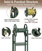 Garbuildman Ground Mount Garden Hose Reel Holds 125 Feet of 5/8-Inch with 3.9 ft Leader Hose, Brass Fitting, Water Hose Holder Stand with Storage Rack & 4 Spikes Base for Outdoor Lawn, Green