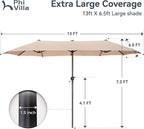 PHI VILLA 13ft Large Patio Umbrella Double-Sided Twin Outdoor Market Umbrella with Crank, Beige