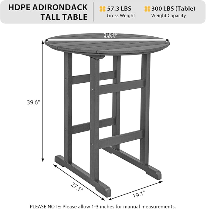 Sundale Outdoor Adirondack Round Bar Table, 39 Inch Height Patio Large Pub Table for 4, All Weather HDPE High Top Bistro Counter Tabl for Outside Deck Porch Balcony Poolside, Gray