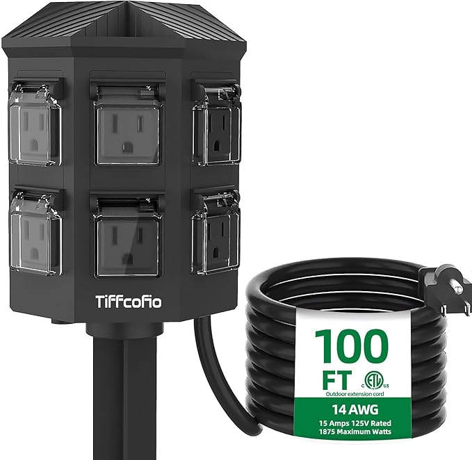 Outdoor Power Strip Weatherproof, 100 FT Extension Cord with Power Stake, 6 Grounded Outlets for Outdoor Lights, 15A/1875W, ETL Listed