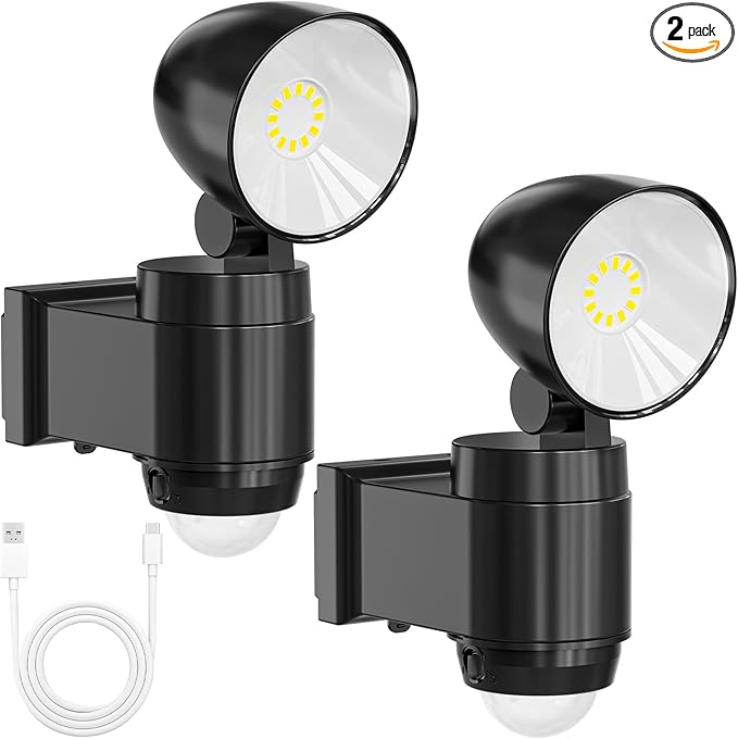 AIXPI Battery Operated Powered Motion Sensor Lights Outdoor 800LM 6000 mAh, Rechargeable LED Flood Light Spotlight for Garage, Yard, Porch 2Pack