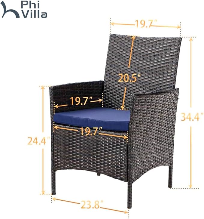 PHI VILLA Outdoor Wicker Dining Chairs Set of 6, Modern PE Rattan Armchair with Cushions for Patio, Deck, Yard, Porch