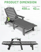 Lounge Chair Outdoor Set of 4 with Wheels, Adjustable 6-Position Chaise Lounge Outdoor, Patio Lounge Chair for Poolside Backyard, Grey