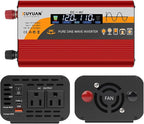 500W Pure Sine Wave Inverter (1000W Peak), 12V/24V Auto-Detect, 50Hz/60Hz Switchable, LCD Display, Type-C Fast Charging, Silent Design, Overload & Overheat Protection for RV, Home (RED-500W)