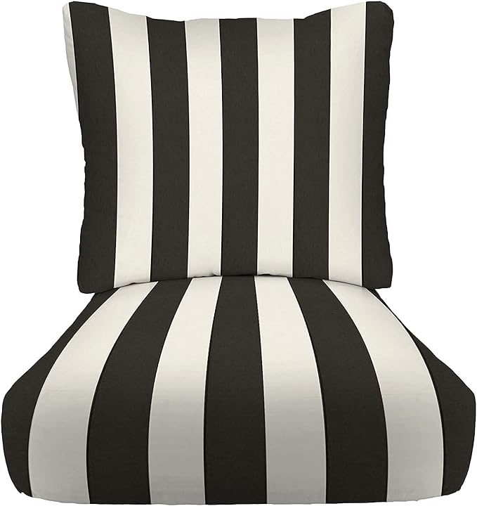 RSH DECOR Deep Seating Cushion with Pillow Back | 25” x 25.5” x 5" Seat | Water and Fade-Resistant Spun Fabric | Made in USA | Outdoor Chair Cushion Set for Patio Furniture (Black & White Stripe)