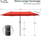 PHI VILLA 13ft Outdoor Market Umbrella Double-Sided Twin Large Patio Umbrella with Crank, Orange Red