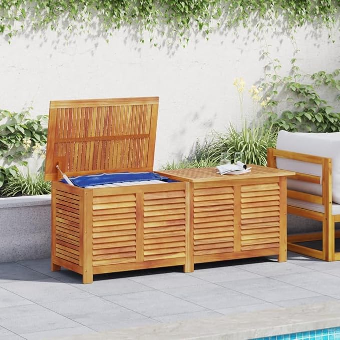 Wooden Garden Storage Box with Louver, Outdoor Cabinet Patio Storage Container for Furniture Tools, 59.1"x19.7"x22" Solid Wood Acacia,-131