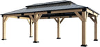 AMERLIFE 12x20 ft Hardtop Gazebo, Spruce Wood Gazebo with Iron Double Roof, Outdoor Pergola with Wood Frame for Garden, Porch, Patio, Charcoal Gray + Brown Gray