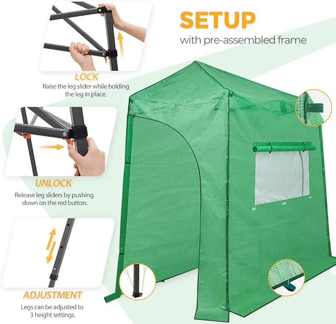 EAGLE PEAK Instant Pop-up Greenhouse, Indoor Outdoor Plant Gardening Green House, Roll-Up Zipper Doors and Side Windows, Lean-to 9x4 ft, PE Cover, Green/Clear