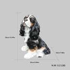Cavalier King Charles Spaniel Outdoor Dog Statue with Reversible “Welcome/ON Patrol” Hanging Plaque and Solar Porch Lantern, Black & White Sitting