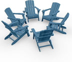 Folding Adirondack Chair Wood Texture 6 Pack, HDPE All-Weather Fire Pit Chairs, Plastic Adirondack Chairs with 2 Cup Holder, Outdoor Lawn Chair for Patio Garden (Navy Blue)
