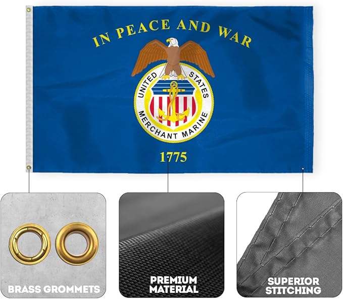 AGAS United States Merchant Marines Boat Flag 12x18 inch - Printed 200D Nylon Canvas Header Two Brass Grommets US Merchant Marines Nautical Flag