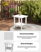 Kingdura Adirondack Outdoor Side Table, 16 x 13 Inches HDPE Plastic Outside End Tables for Patio Pool Porch Backyard Indoor, 2 Tiers Storage Shelf, All Weather Resistant, Easy Maintenance (White)
