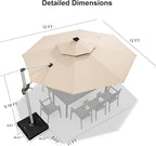 PURPLE LEAF 12ft Patio Umbrella With Base Solar powered LED Cantilever Umbrella with LED lights Windproof Outdoor Offset Umbrella for Garden Deck Pool Patio, Beige