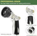FANHAO Heavy Duty Garden Hose Nozzle, 100% Metal Water Nozzle with 8 Adjustable Spray Patterns, High Pressure Hose Sprayer with Non-Slip Grip for Watering Plants & Lawns, Washing Cars & Pets -Silver