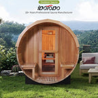 Outdoor Barrel Sauna, 6 Person Wood Steam Saunas Room with Porch, 6kw Toule Electric Heater with Sauna Stone, Canadian Pine, Roof, 94.48”*70.86“*70.86“ (Pine)