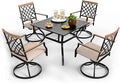PHI VILLA 5-Piece Outdoor Dining Set, 4 Steel Metal Swivel Patio Chairs & 1 Square Dining Table, Wood-Like Pattern Armrest