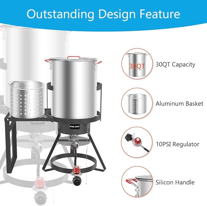 30Qt Turkey Fryer with Basket, Outdoor Propane Deep Fryers Burner Stand, 50,000BTU Cast Iron Burner, Steamer and Seafood Boiler Set, Black