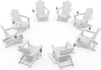 KINGYES Folding Adirondack Chair Set of 8, HDPE All-Weather Patio Chairs with Cup Holder, Wooden Textured Fire Pit Chairs for Poolside, Backyard, Deck, White